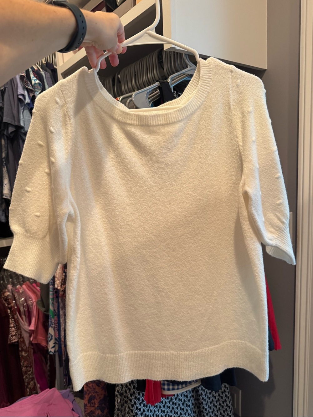 NAT size medium Loft Women’s Cream Short-Sleeve Knit Sweater - Classic Crewneck